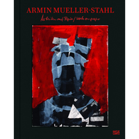 Das schwarze Buchcover zeigt den roten Titel Armin Mueller-Stahl, Arbeiten auf Papier. Darunter ist ein expressionistisches Gemälde mit einer abstrakten Figur in Blau-, Grau- und Schwarztönen auf einem leuchtend roten Hintergrund abgebildet.