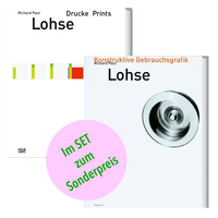 Produktabbildung zweier Kunstbücher von Richard Paul Lohse auf grünem Hintergrund. Links das Buch Drucke Prints mit einer Grafik aus bunten Balken. Rechts das Buch Konstruktive Gebrauchsgrafik mit einer Schwarz-Weiß-Fotografie. Davor ein pinker Sticker mit der grünen Aufschrift Im SET zum Sonderpreis.