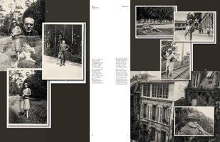 Eine Buchdoppelseite über Max Beckmann mit einer Collage aus alten Schwarz-Weiß-Fotografien. Die Bilder zeigen den Künstler und eine Frau in verschiedenen Situationen: im Wald, auf einer Straße, liegend im Park, auf Bahngleisen gehend, sowie Porträts und ein Gebäude in Paris.