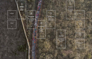 Eine Luftaufnahme zeigt Menschen, die eine lange Steintreppe an einem bewachsenen Hang hinaufsteigen. Über dem Bild ist ein Inhaltsverzeichnis für ein Buch über den Jainismus gelegt. Die Kapitelboxen mit Titeln wie Wissen, Gemeinschaft und Kosmos sind entlang der Treppe angeordnet und symbolisieren eine spirituelle Reise.