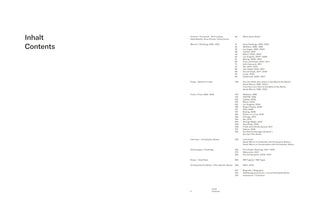 Ein zweispaltiges, zweisprachiges Inhaltsverzeichnis eines Kunstbuchs. Links stehen die Hauptkapitel wie Malerei, Filme und Zeichnungen. Rechts stehen die detaillierten Titel der Werke und Essays mit den entsprechenden Seitenzahlen, beginnend mit Vorwort auf Seite 06 und endend mit Impressum auf Seite 319.