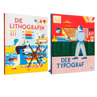 Zwei illustrierte Bücher von Gaby Bazin stehen nebeneinander vor einem grünen Hintergrund. Links das Buch Die Lithografin mit einer Frau an einer Druckpresse, rechts das Buch Der Typograf mit einem Mann in einer Werkstatt. Beide Cover sind in einem farbenfrohen, grafischen Stil gehalten.