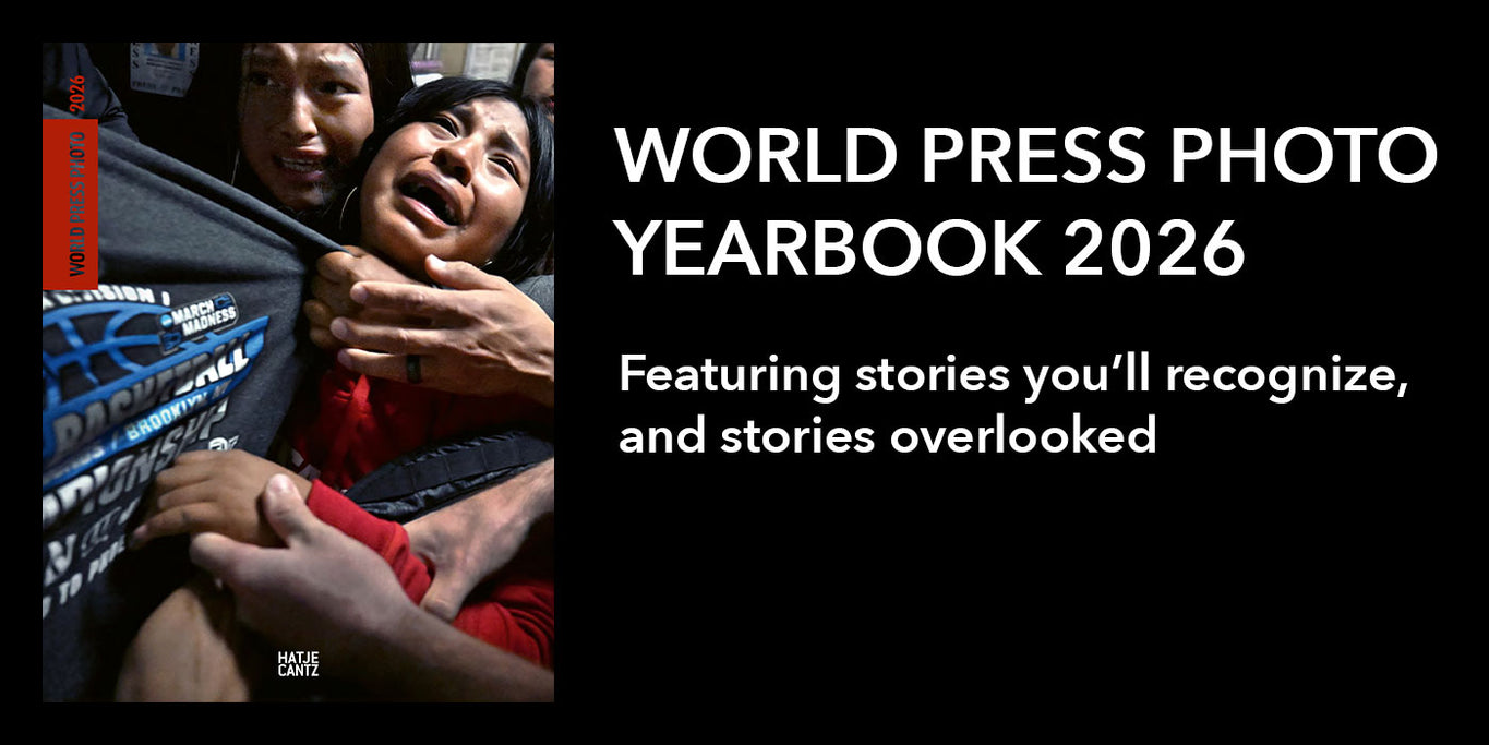 Advertisement for World Press Photo Yearbook 2026 with a photo of a person holding a child, text overlay on a black background.