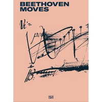 Pfirsichfarbenes Cover für Beethoven Moves mit einer expressiven, kalligrafischen Zeichnung in Dunkelblau, die an eine Partitur erinnert. Oben steht der Titel in einer serifenlosen Schrift, unten das Logo des Verlags Hatje Cantz.