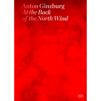 Buchcover von Anton Ginzburg, At the Back of the North Wind, mit weißer Schrift auf einem leuchtend roten, wolkigen Hintergrund.