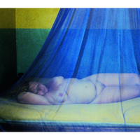 Eine nackte Person liegt auf einem Bett unter einem durchsichtigen blauen Moskitonetz.