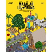 Eine Pixel-Art-Illustration auf dem Cover des Magazins Majalah Lumbung. Die Szene in isometrischer Ansicht zeigt Menschen, die auf einer belebten Straße Waren von Lastwagen laden, mit einem Gabelstapler transportieren und an einem Marktstand verkaufen.