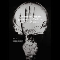 Schwarz-weißes Buchcover für Biomedical Visions: Eine Hand vor einem leuchtenden, schädelartigen Umriss, überlagert von dem wiederholten, handgeschriebenen Text you you.