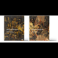 Die Cover der beiden Bände von Michael Morgner, Werkverzeichnis Arbeiten auf Papier. Beide zeigen abstrakte Kunstwerke in Schwarz-, Gold- und Erdtönen.