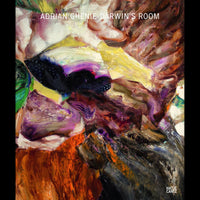 Das Buchcover von Adrian Ghenie, Darwin's Room, zeigt ein abstraktes Gemälde mit dicken, dynamischen Pinselstrichen in Braun-, Gelb- und Violetttönen.