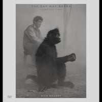 Eine Schwarz-Weiß-Fotografie eines schwarzen Affen im Vordergrund und eines Mannes, der in einer nebligen Landschaft im Hintergrund sitzt.