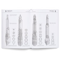 Ein aufgeschlagenes Architekturbuch zeigt auf einer Doppelseite schwarz-weiße Drahtgitterzeichnungen von verschiedenen Hochhausentwürfen. Neben den Türmen sind die jeweiligen Querschnittsformen auf verschiedenen Höhen als geometrische Figuren wie Dreiecke, Sechsecke und Quadrate dargestellt. Die Beschriftungen sind auf Deutsch und Englisch.