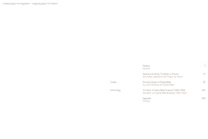 Das Inhaltsverzeichnis des Buches Creating Space for Imagination – Imagining Space for Creation. Die Kapitel und Seitenzahlen sind zweisprachig auf Englisch und Deutsch aufgeführt: Vorwort, Den Körper deklinieren, Aus den Partituren von Sasha Waltz, Das Werk von Sasha Waltz & Guests 1993–2024 und Anhang.