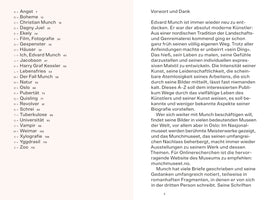 Eine Doppelseite aus einem Buch. Links ist ein alphabetisches Inhaltsverzeichnis von A wie Angst bis Z wie Zoo mit den jeweiligen Seitenzahlen. Rechts beginnt ein Kapitel mit der Überschrift Vorwort und Dank, das eine Einführung zum Künstler Edvard Munch gibt.