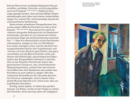 Eine Buchseite mit Text auf der linken Seite und einem Gemälde auf der rechten. Das expressionistische Ölgemälde von Edvard Munch, betitelt Der Nachtwanderer, zeigt ein Selbstporträt des Künstlers in einem spärlich beleuchteten Raum bei Nacht. Munch blickt mit einem gequälten, intensiven Ausdruck nach vorn. Sein Gesicht ist kantig und von Schatten gezeichnet, sein Haar leuchtet gelbgrün. Im Hintergrund sind Fenster zu sehen, die einen dunkelblauen Nachthimmel freigeben.