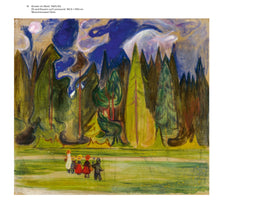 Ein expressionistisches Gemälde von Edvard Munch, das eine Gruppe kleiner Kinder in bunten Kleidern auf einem grünen Feld im Vordergrund zeigt. Hinter ihnen ragt ein dunkler, stilisierter Wald mit hoch aufragenden, bedrohlich wirkenden Bäumen unter einem wirbelnden, tiefblauen Nachthimmel mit einem blassen Mond auf.