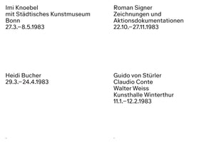 Eine Doppelseite mit schwarzem Text auf weißem Grund, die Informationen zu Kunstausstellungen aus dem Jahr 1983 auflistet. Oben links: Imi Knoebel mit Städtisches Kunstmuseum Bonn 27.3.–8.5.1983. Unten links: Heidi Bucher 29.3.–24.4.1983. Oben rechts: Roman Signer Zeichnungen und Aktionsdokumentationen 22.10.–27.11.1983. Unten rechts: Guido von Stürler Claudio Conte Walter Weiss Kunsthalle Winterthur 11.1.–12.2.1983. Am unteren Rand stehen die Seitenzahlen 10 und 11.