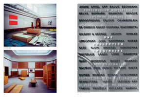 Eine Doppelseite aus einem Kunstkatalog. Links zwei Farbfotos von Kunstinstallationen in einem Galerieraum, einmal im Aufbauzustand und einmal mit fertigen Holzskulpturen. Rechts ein Schwarz-Weiß-Foto eines Ausstellungsplakats des Kunstmuseums Winterthur von 1984, das eine lange Liste von Künstlernamen zeigt.