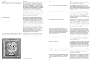 Doppelseite aus einer Publikation mit einem Interview in deutscher Sprache, das sich über die Seiten 104 und 105 erstreckt. Der Text ist in Spalten gesetzt. Unten links befindet sich eine Schwarz-Weiß-Abbildung von Paul Klees Gemälde Senecio (Baldgreis) aus dem Jahr 1922.