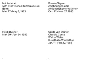 Schwarzer Text auf weißem Hintergrund, der vier Kunstausstellungen aus dem Jahr 1983 auflistet. Oben links: Imi Knoebel with Städtisches Kunstmuseum Bonn, Mar. 27–May 8, 1983. Unten links: Heidi Bucher, Mar. 29–Apr. 24, 1983. Oben rechts: Roman Signer, Zeichnungen und Aktionsdokumentationen, Oct. 22–Nov. 27, 1983. Unten rechts: Guido von Stürler, Claudio Conte, Walter Weiss, Kunsthalle Winterthur, Jan. 11–Feb. 12, 1983.