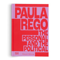 Das Buchcover von Paula Rego, The Personal and the Political, mit einem grafischen Design in Rot und Flieder. Der Titel ist in einer großen, fetten Blockschrift gesetzt. Unten stehen die Namen Hatje Cantz und Museum Folkwang.