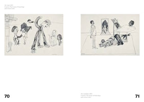 Eine Doppelseite aus einem Buch zeigt zwei Schwarz-Weiß-Zeichnungen von Paula Rego. Links, auf Seite 70, befindet sich das Werk The Chief, 1970, das eine Gruppe surrealer, karikaturhafter Figuren auf einer Straße zeigt. Rechts, auf Seite 71, ist das Werk The Candidate, 1970, zu sehen, das eine bizarre Innenszene mit einem Mann im Bett, zwei krabbelnden Babys und einem großen schwarzen Vogel darstellt.