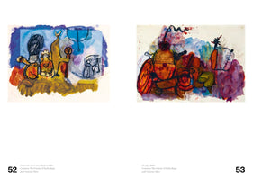 Eine Doppelseite aus einem Katalog, die zwei abstrakte Gemälde von Paula Rego zeigt. Links, auf Seite 52, befindet sich das Gemälde Order Has Been Established von 1961, das stilisierte Figuren in Gelb und Orange vor einem blauen Hintergrund darstellt. Rechts, auf Seite 53, ist das Gemälde Trophy von 1960 zu sehen, eine dichte Komposition aus organischen Formen in Rot- und Violetttönen.