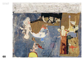 Ein abstraktes Mixed-Media-Gemälde mit dem Titel Iberian Dawn aus dem Jahr 1962. Die Komposition in gedämpften Blau-, Braun- und Ockertönen zeigt verschiedene surreale, fragmentierte Figuren und Formen. Am oberen Rand ist ein Papierstreifen mit unleserlicher Schrift aufgeklebt, darunter befinden sich vogel- und maschinenähnliche Kreaturen aus Farb- und Papierfragmenten.