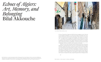 Eine Doppelseite aus einem Magazinartikel mit dem Titel Echoes of Algiers: Art, Memory, and Belonging von Bilal Akkouche. Rechts daneben befinden sich zwei Fotos, die enge, alte Gassen in der Kasbah von Algier zeigen. Darunter ist der Text des Artikels abgedruckt.