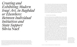 Eine Seite aus einem akademischen Text mit dem Titel Creating and Exhibiting Modern Iraqi Art, in Baghdad or Elsewhere: Between Individual Initiatives and State Support von Silvia Naef. Der Text auf der Seite beschreibt die Entwicklung der irakischen Kunstszene.