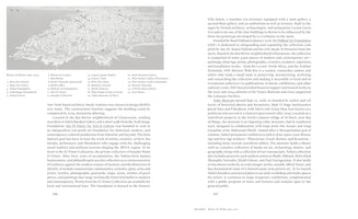 Eine Doppelseite aus einer Publikation. Die linke Seite zeigt eine graustufige Karte von Beirut mit dem Titel Beirut Art Biome 1990–2025. Auf der Karte sind nummerierte Punkte, die auf Kunstorte verweisen und in einer Legende darunter aufgelistet sind. Der restliche Platz auf beiden Seiten ist mit englischem Text gefüllt, der die Kunstszene in Beirut beschreibt. Die Seitenzahlen 346 und 347 sind unten zu sehen.