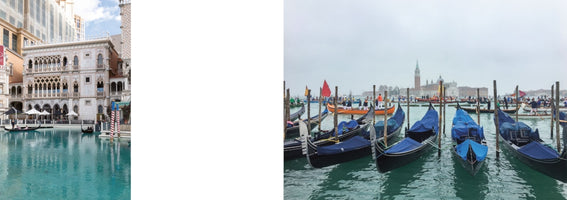 Eine Fotocollage aus zwei Bildern. Links ein Gebäude im venezianischen Stil an einem türkisfarbenen Kanal mit Gondeln. Rechts zahlreiche Gondeln, die an einem bewölkten Tag im Wasser vor der Skyline von Venedig liegen.