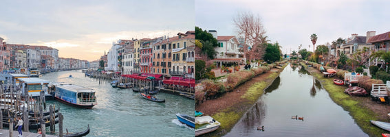 Ein Vergleichsbild zeigt links den belebten Canal Grande in Venedig, Italien, mit historischen Gebäuden und Gondeln, und rechts einen ruhigen, von Wohnhäusern gesäumten Kanal in Venice, Kalifornien.