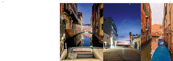 Eine Fotocollage aus drei Bildern: Ein beleuchteter Kanal in Venedig bei Nacht, eine leere Küstenstraße bei Sonnenuntergang und ein enger venezianischer Kanal am Tag, von einem Boot aus gesehen.