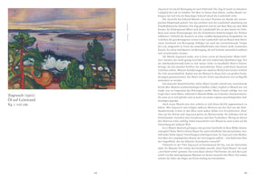 Eine Doppelseite aus einem Buch, die links das expressionistische Gemälde Zugrauch von 1900 zeigt. Das Bild stellt eine Fjordlandschaft mit einer großen weißen Rauchwolke eines Zuges dar, gerahmt von stilisierten Bäumen. Rechts befindet sich ein beschreibender Text in deutscher Sprache.