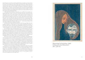 Ein farbiger Holzschnitt von Edvard Munch mit dem Titel Männerkopf in Frauenhaar. Das Gesicht einer Frau ist im Profil zu sehen, ihr langes, dunkles Haar umhüllt den Kopf eines Mannes, der frontal abgebildet ist. Der Hintergrund ist dunkelblau und strukturiert.