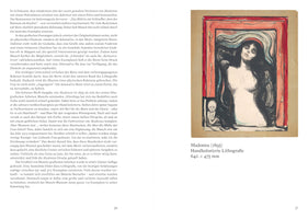 Eine Buchseite mit deutschem Text links und einer Abbildung von Edvard Munchs Lithografie Madonna von 1895 rechts. Das Kunstwerk zeigt eine Frau mit nacktem Oberkörper, geschlossenen Augen und langem, schwarzem Haar, umgeben von einem roten Rahmen, in dem unten links eine fötusartige Figur zu sehen ist. Darunter steht eine Bildunterschrift.