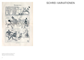 Eine Seite mit dem Titel SCHREI-VARIATIONEN, die eine viergeteilte Schwarz-Weiß-Karikatur von Olaf Krohn aus dem Jahr 1895 zeigt. Die Karikatur mit dem Titel Under Jul. stellt in einem Feld eine Figur dar, die die Pose aus Edvard Munchs Der Schrei imitiert. Der Begleittext erklärt, dass dies die erste bekannte Karikatur ist, die auf das berühmte Gemälde Bezug nimmt.