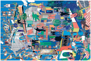 Eine farbenfrohe und sehr detaillierte Illustration im Comic-Stil, die eine riesige, mehrstöckige Gerüstkonstruktion unter freiem Himmel zeigt. Die Struktur, in die die Buchstaben WIM WENDERS integriert sind, ist voller Menschen, die klettern, filmen, musizieren, malen oder sich einfach nur ausruhen, was eine surreale und festivalartige Atmosphäre schafft.