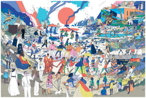 Eine detailreiche und farbenfrohe Illustration einer surrealen und belebten Strandszene. Eine große, vielfältige Menschenmenge in einer Mischung aus Badekleidung und historischer Kleidung tummelt sich am Ufer, schwimmt und spielt. Im Hintergrund sind Klippen, ein buntes Dorf und ein stilisierter Himmel mit einer großen roten Sonne und einem Blitz zu sehen.