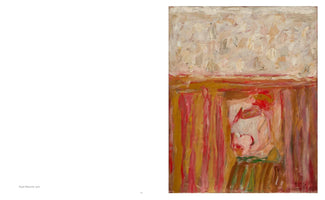 Eine Buchseite zeigt links den Text Kopf (Munch), 1960 und rechts das entsprechende abstrakt-expressionistische Gemälde. Das Bild ist zweigeteilt: oben eine pastose, cremefarbene Fläche, unten ein Bereich mit roten und ockerfarbenen vertikalen Streifen, in dem mittig ein angedeuteter Kopf in einem hellen Feld erscheint.
