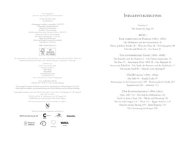 Eine aufgeschlagene Doppelseite eines Buches. Links ist das Impressum mit Copyright-Informationen und Sponsorenlogos zu sehen. Rechts ist das Inhaltsverzeichnis mit Kapitelüberschriften und Seitenzahlen für das Buch Der Sturm. Eine Biografie über Edvard Munch abgebildet.