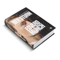 Das Hardcover-Buch Der Sturm, Eine Biografie über Edvard Munch von Ivo de Figueiredo, liegt schräg auf einer weißen Oberfläche. Das Cover ist schwarz und zeigt ein Porträt von Edvard Munch, auf dem der Titel in weißer Schrift steht.